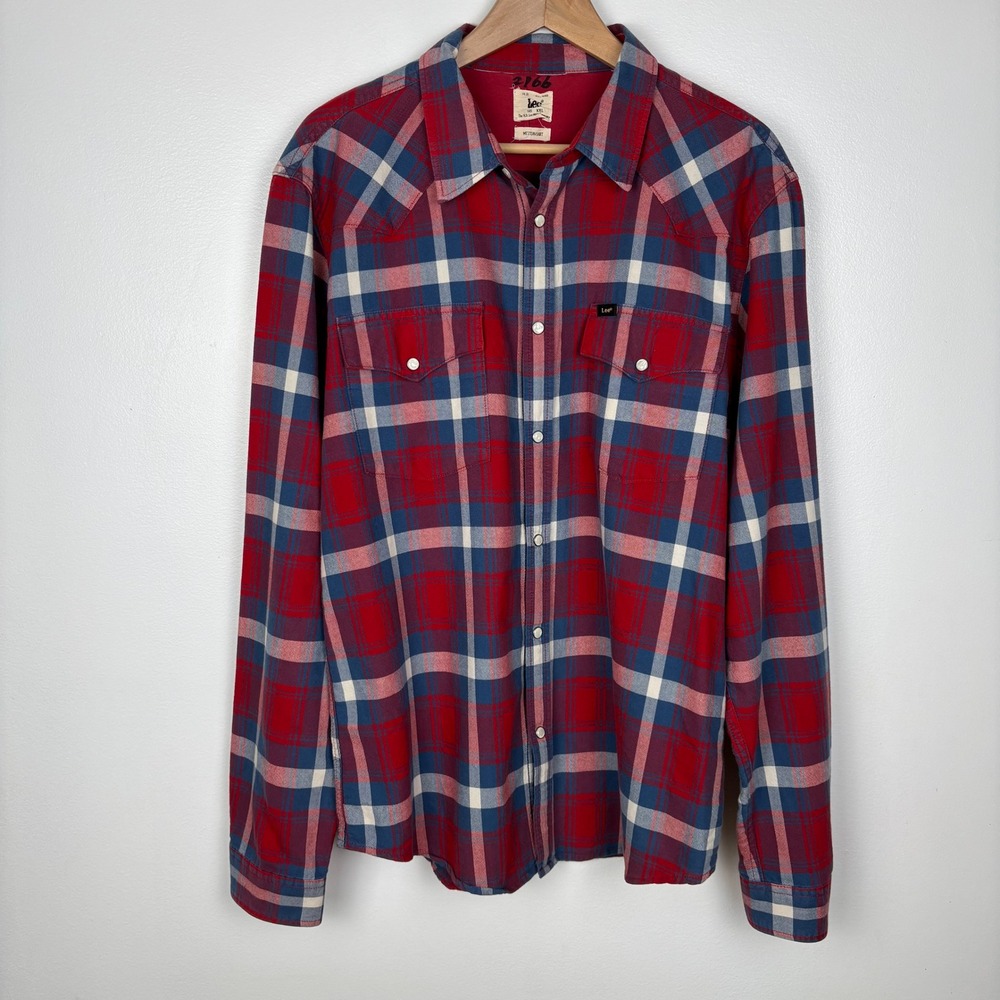 Lee Men Pearl Snap Plaid Button Up Western Shirt Sz XXL Red Cowboy Rodeo Country